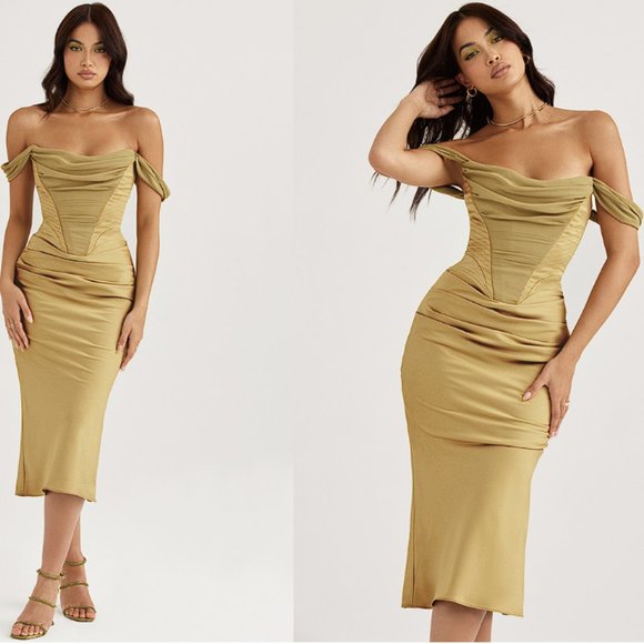 House of CB 'Natalya' Olive Satin Corset Midi Dress NWOT - Picture 3 of 12